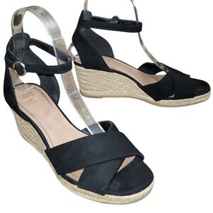 H&M Womens Black Wedge Espadrille Crossover Strap Sz 6 Boho Office Casual Dressy